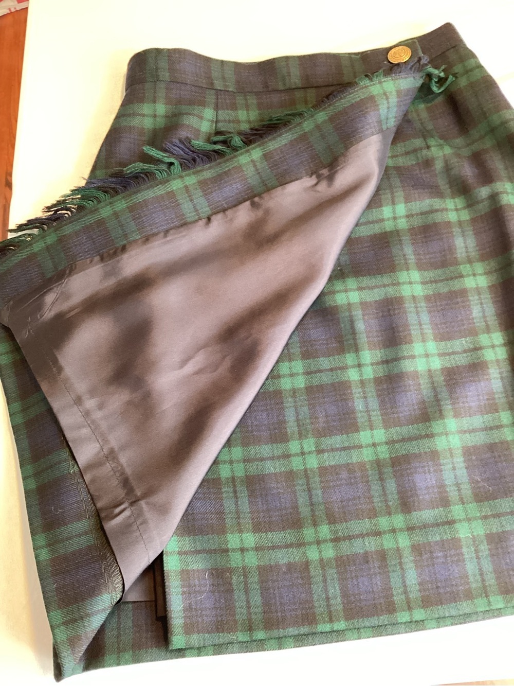 JH Collectibles Wool Green & Navy Plaid Fringe Wrap Midi Skirt - Picture 4 of 10
